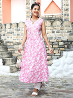 Pink & White Floral Printed Cotton Kurti Top (Top Only)