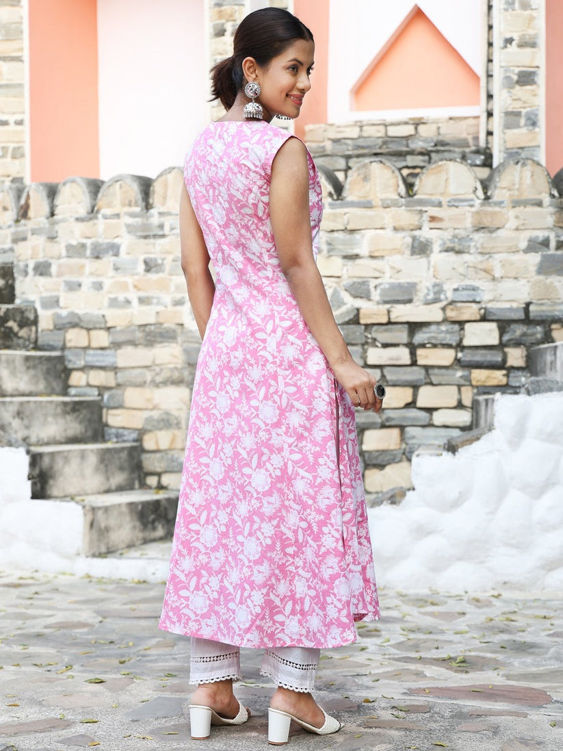 Pink & White Floral Printed Cotton Kurti Top (Top Only)