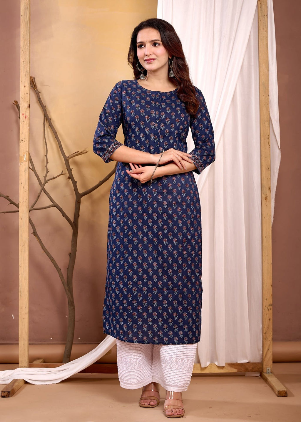 Navy Blue Printed Soft Cotton Kurti Top(Top Only)