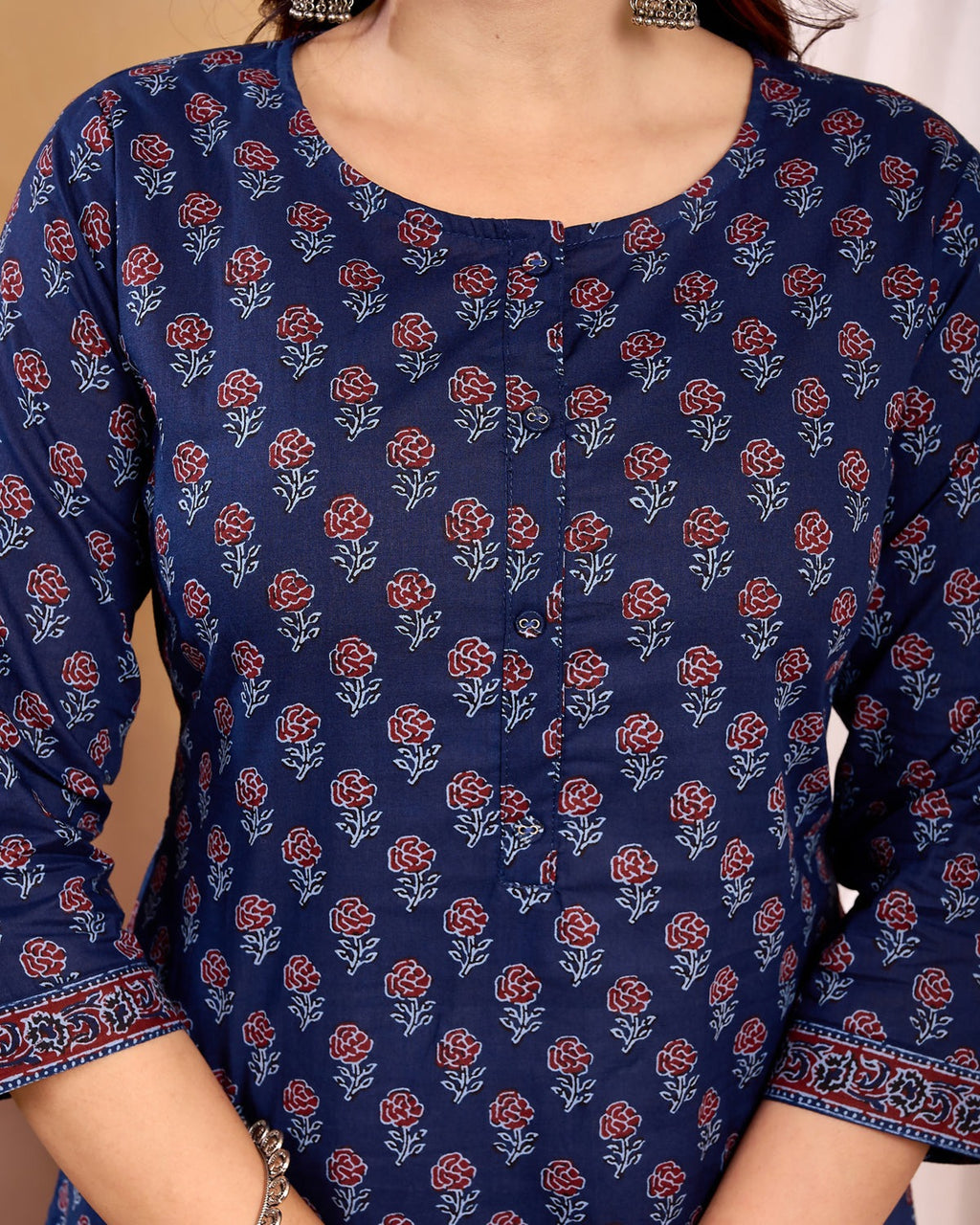 Navy Blue Printed Soft Cotton Kurti Top(Top Only)