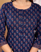 Navy Blue Printed Soft Cotton Kurti Top(Top Only)