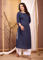 Navy Blue Printed Soft Cotton Kurti Top(Top Only)