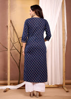 Navy Blue Printed Soft Cotton Kurti Top(Top Only)