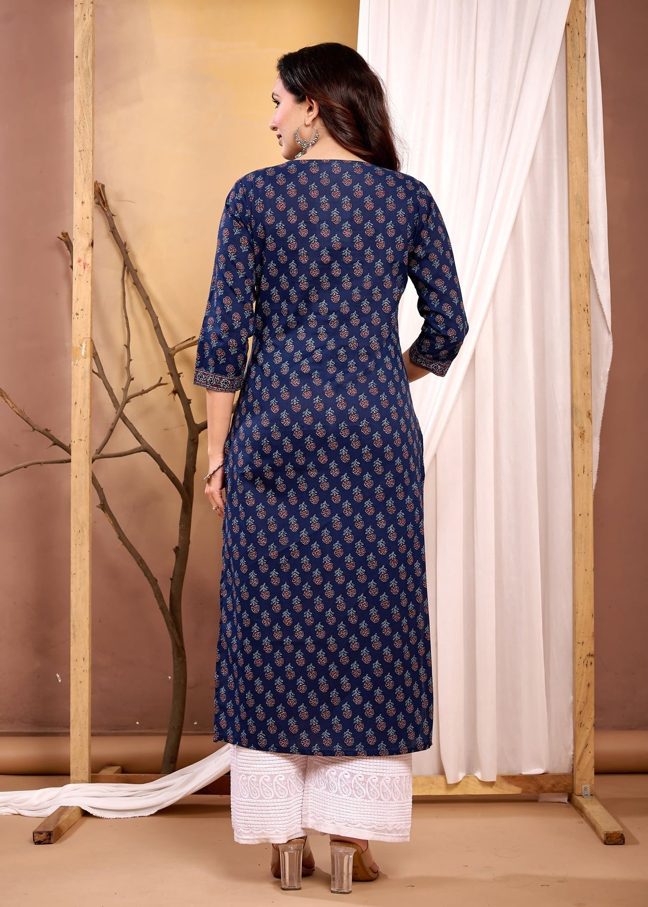 Navy Blue Printed Soft Cotton Kurti Top(Top Only)