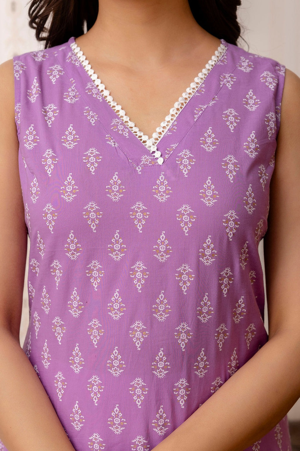 Lavender Printed Cotton  Kurti Top (Top Only)