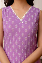 Lavender Printed Cotton  Kurti Top (Top Only)