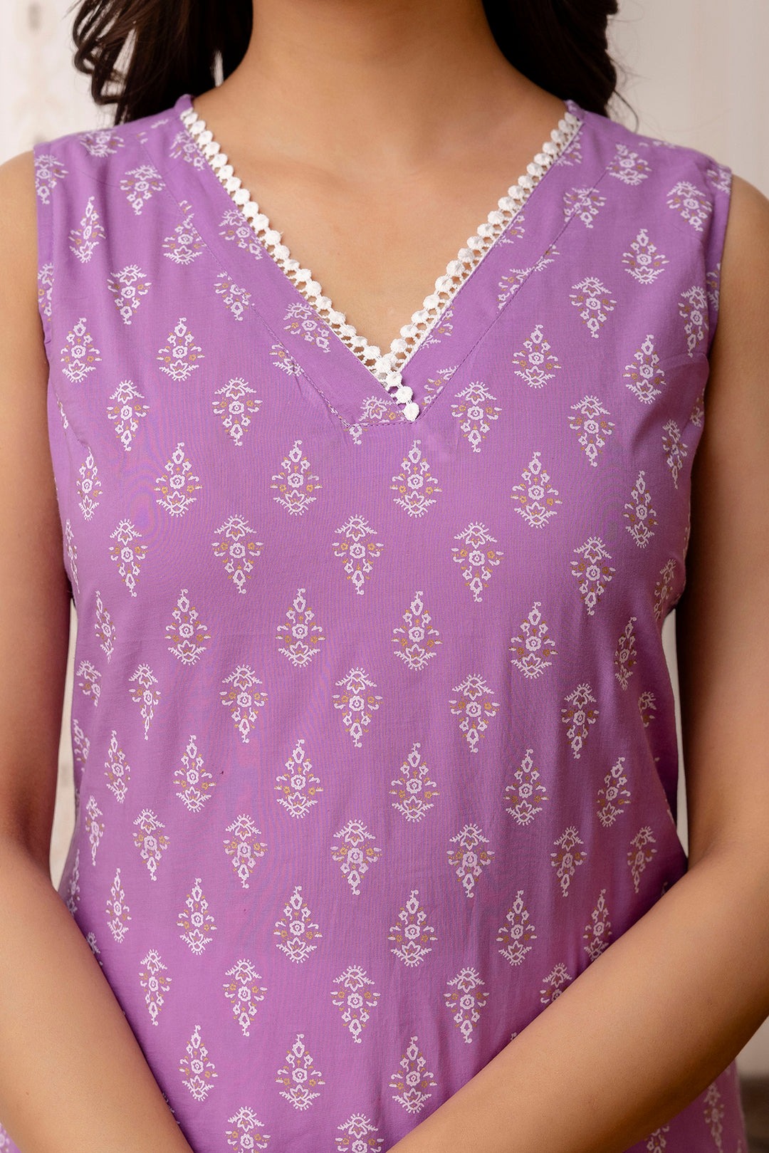 Lavender Printed Cotton  Kurti Top (Top Only)