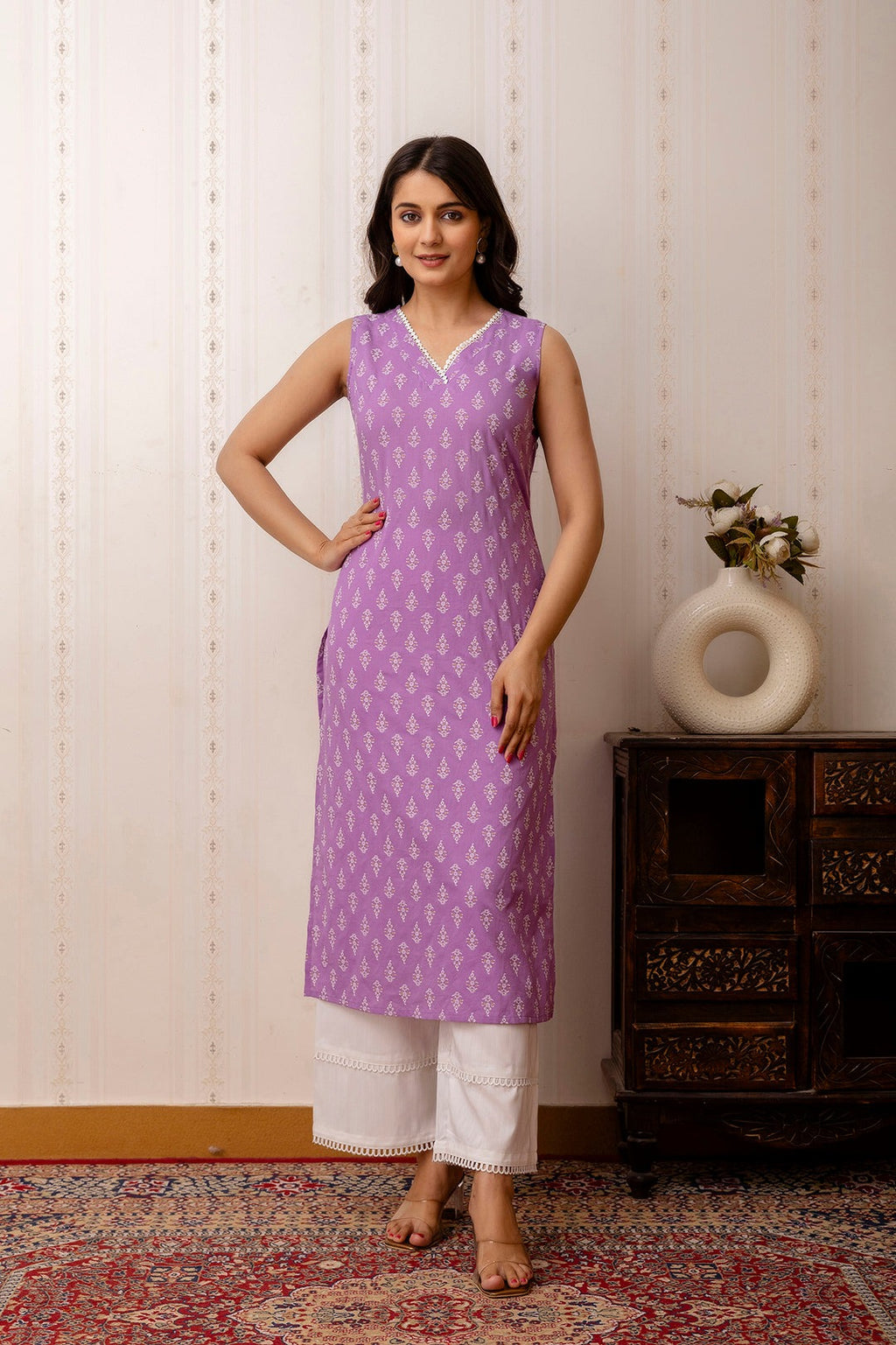Lavender Printed Cotton  Kurti Top (Top Only)