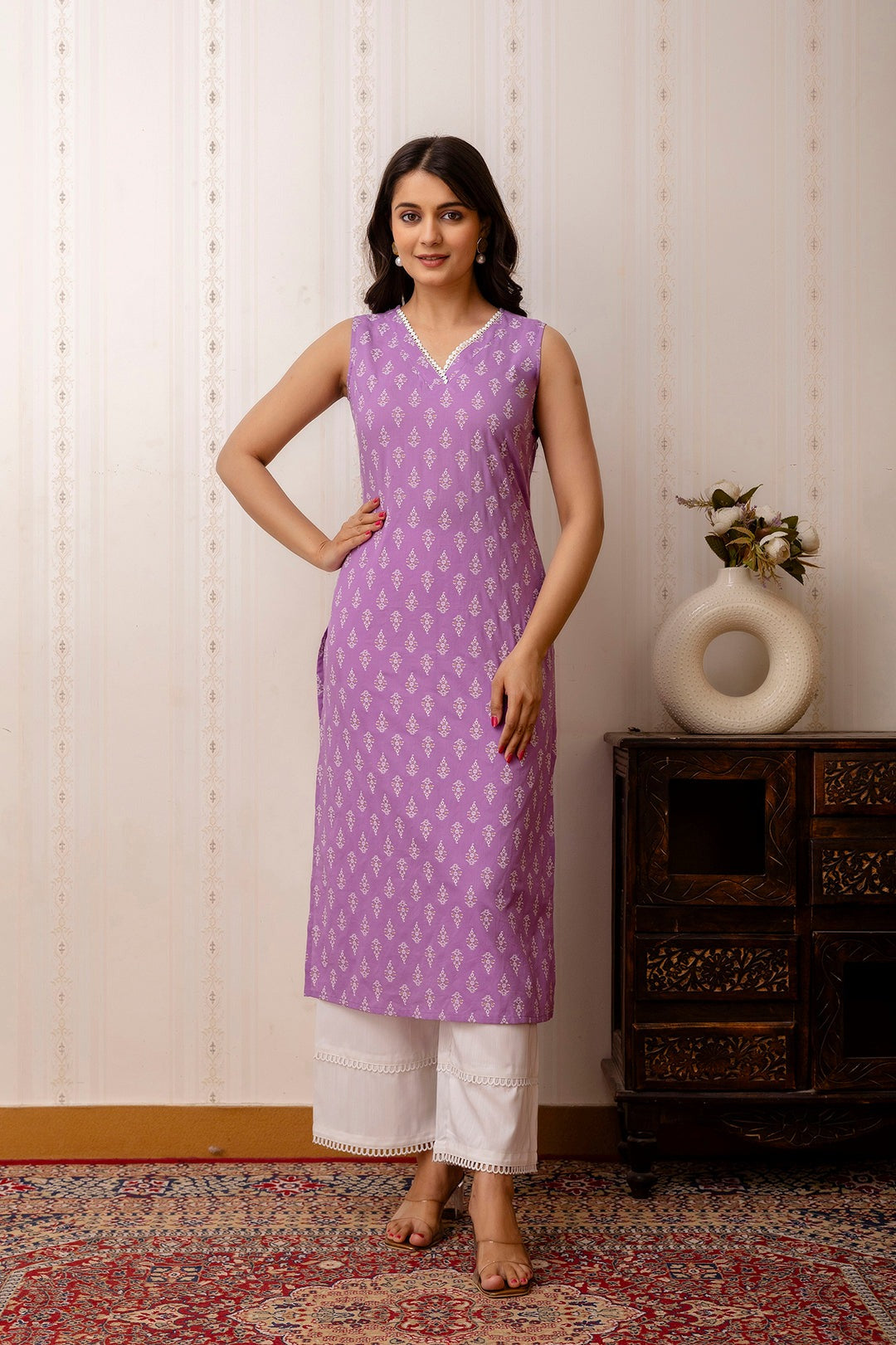 Lavender Printed Cotton  Kurti Top (Top Only)