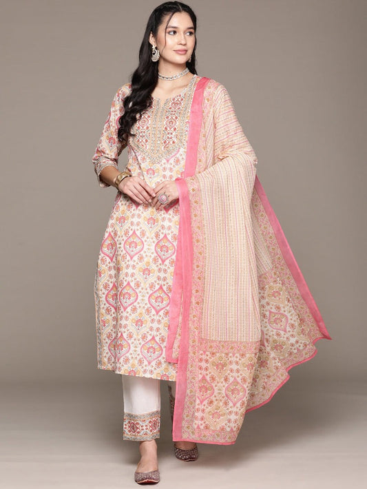 Off White Printed Kurta Palazzo Set with Dupatta