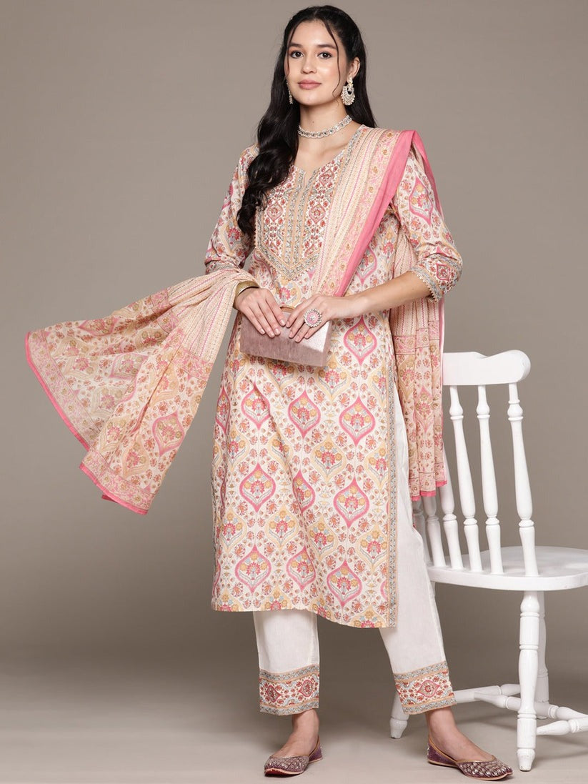 Off White Printed Kurta Palazzo Set with Dupatta