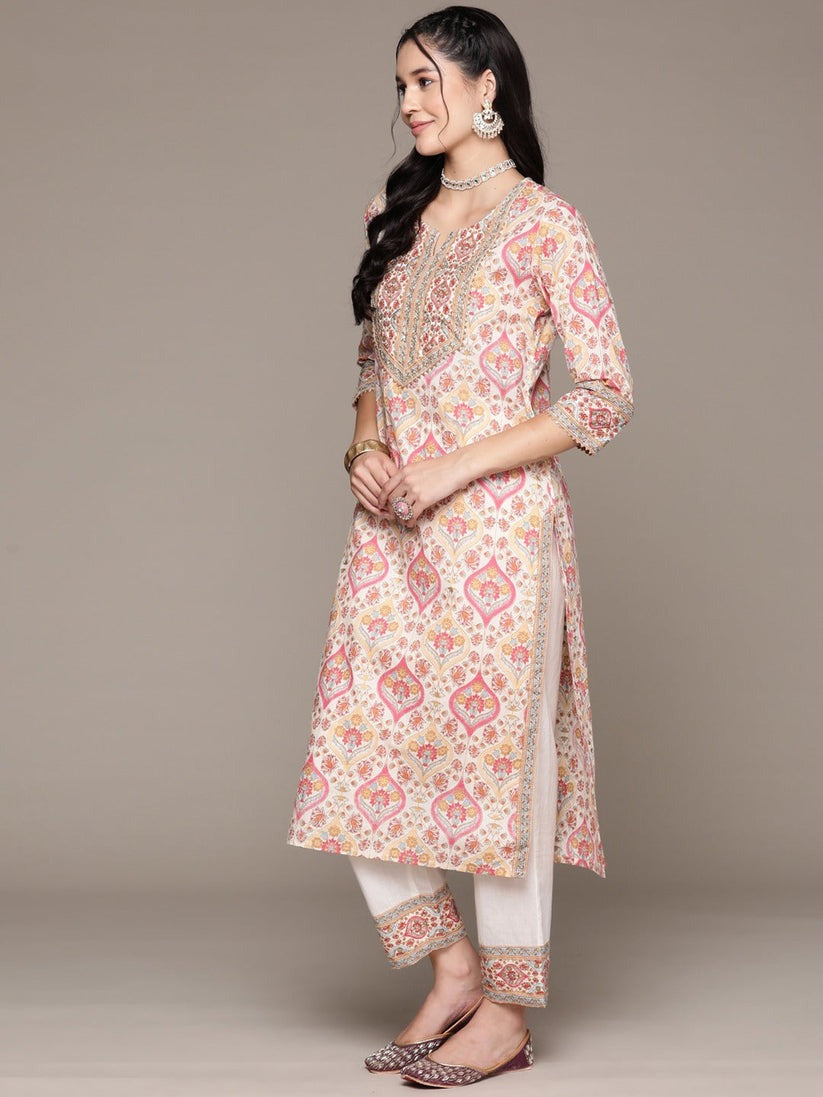 Off White Printed Kurta Palazzo Set with Dupatta