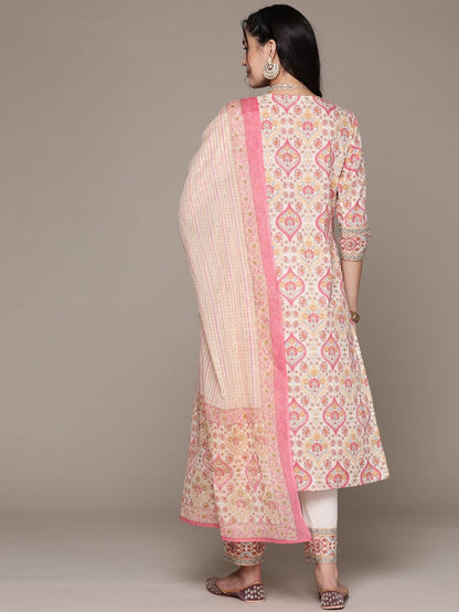 Off White Printed Kurta Palazzo Set with Dupatta