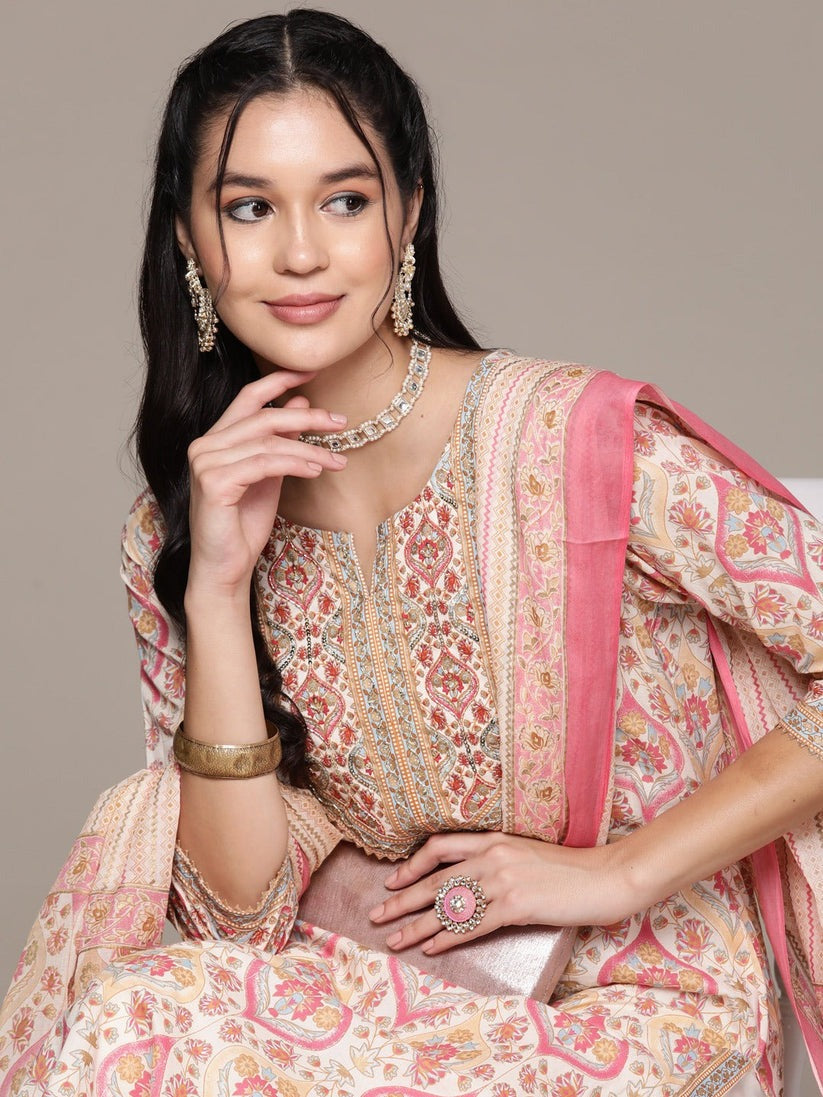 Off White Printed Kurta Palazzo Set with Dupatta