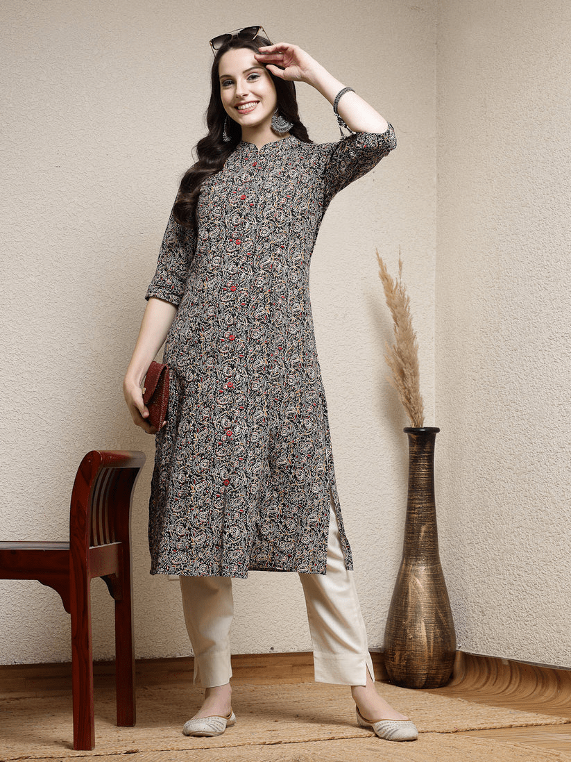 Cotton Black printed A line Kurti Top (Top Only)