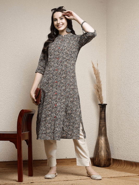 Cotton Black printed A line Kurti Top (Top Only)