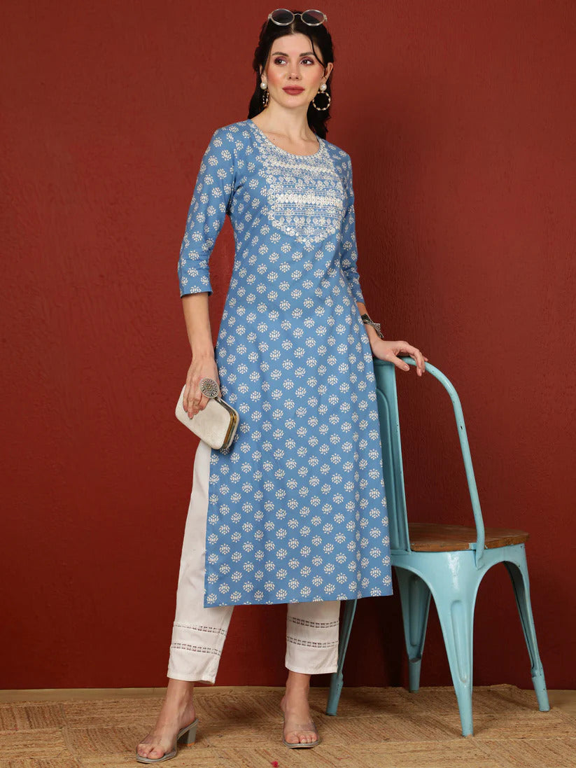 Blue Printed Yoke Embroidered Cotton Kurti Top  (Top Only)
