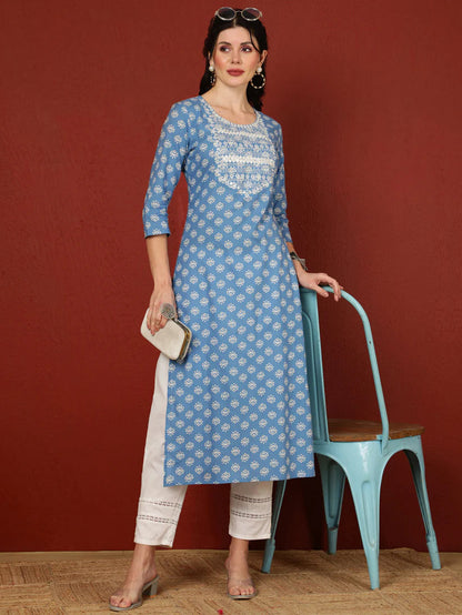 Blue Printed Yoke Embroidered Cotton Kurti Top  (Top Only)