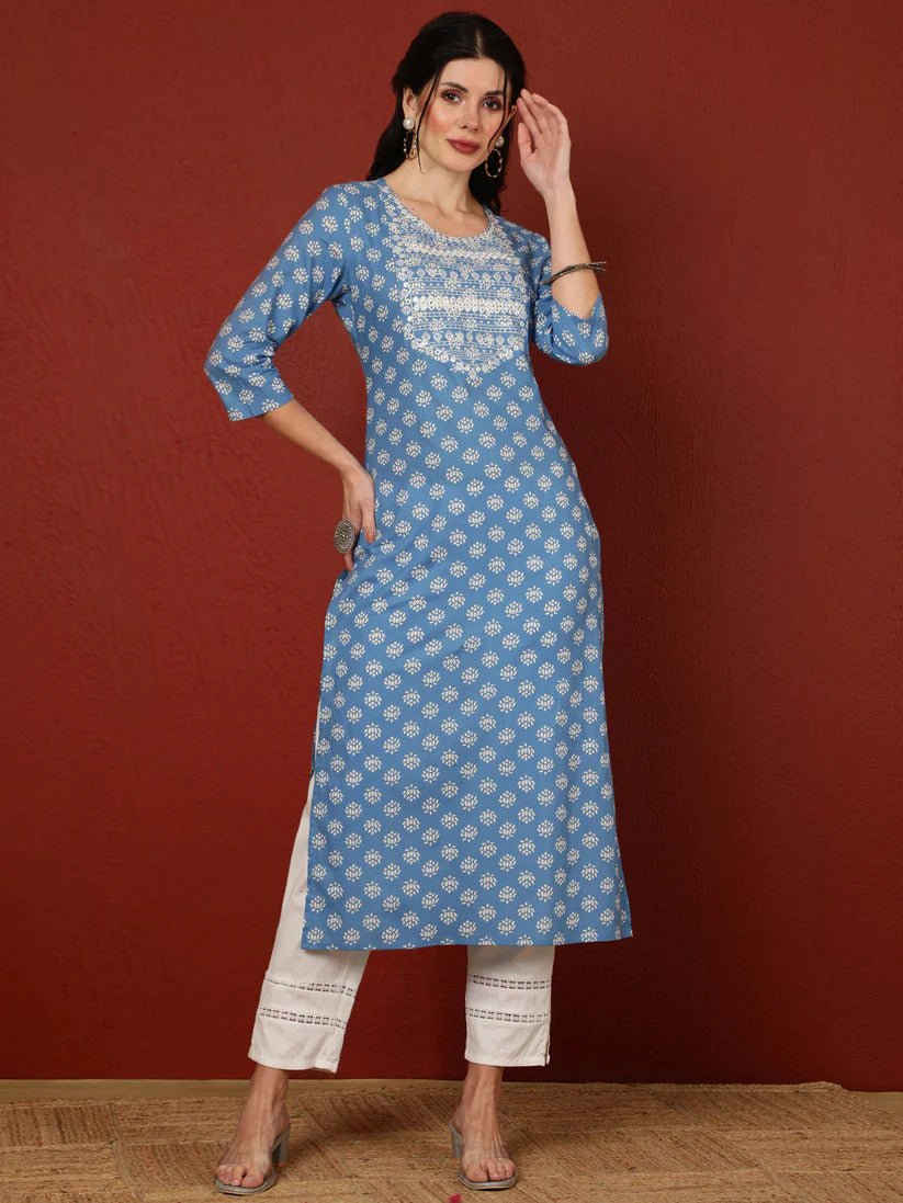 Blue Printed Yoke Embroidered Cotton Kurti Top  (Top Only)