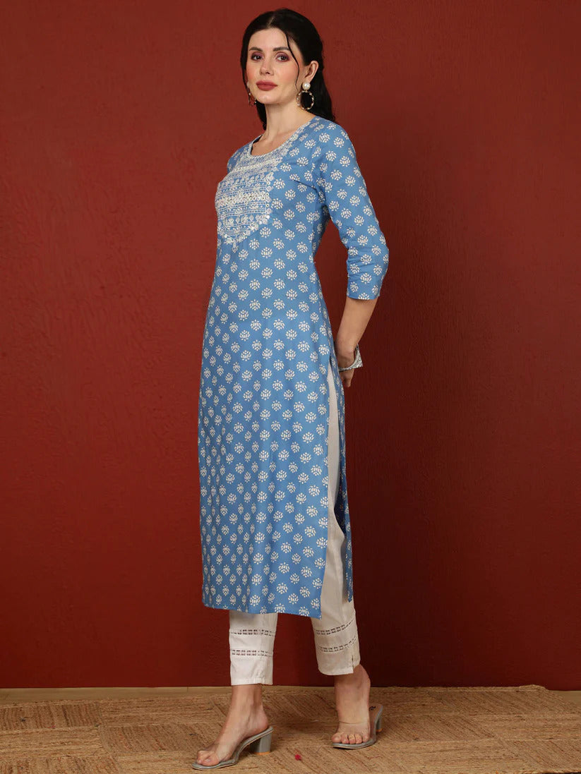 Blue Printed Yoke Embroidered Cotton Kurti Top  (Top Only)