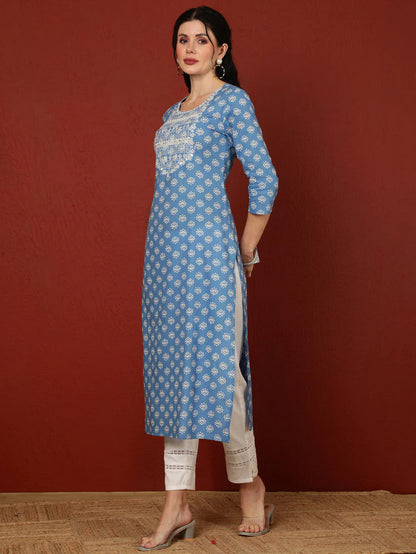 Blue Printed Yoke Embroidered Cotton Kurti Top  (Top Only)