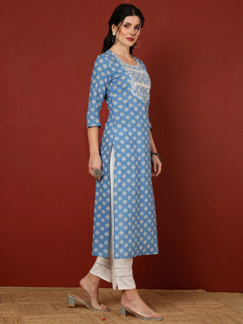 Blue Printed Yoke Embroidered Cotton Kurti Top  (Top Only)