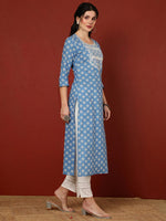 Load image into Gallery viewer, Blue Printed Yoke Embroidered Cotton Kurti Top  (Top Only)
