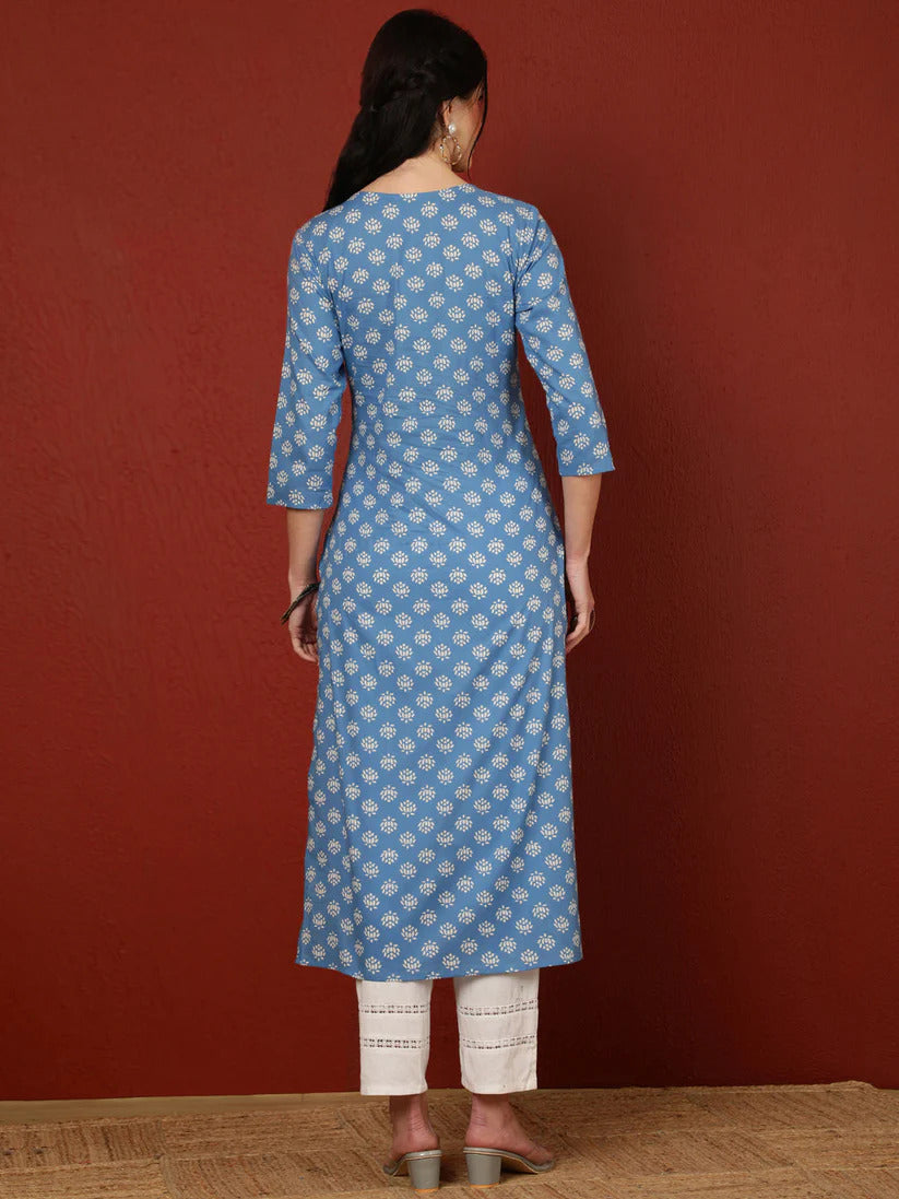 Blue Printed Yoke Embroidered Cotton Kurti Top  (Top Only)