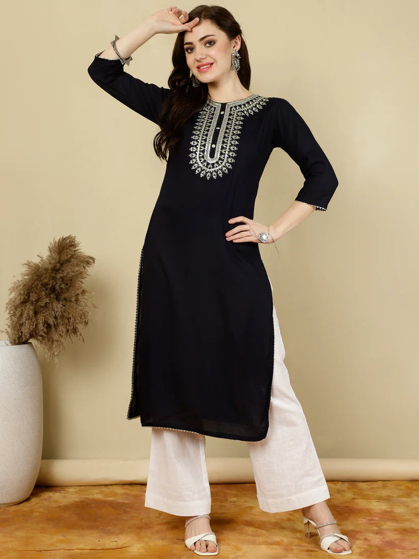 Navy Blue Rayon Kurti Top With Embroidery on Yoke (Top Only)