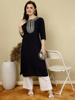 Load image into Gallery viewer, Navy Blue Rayon Kurti Top With Embroidery on Yoke (Top Only)
