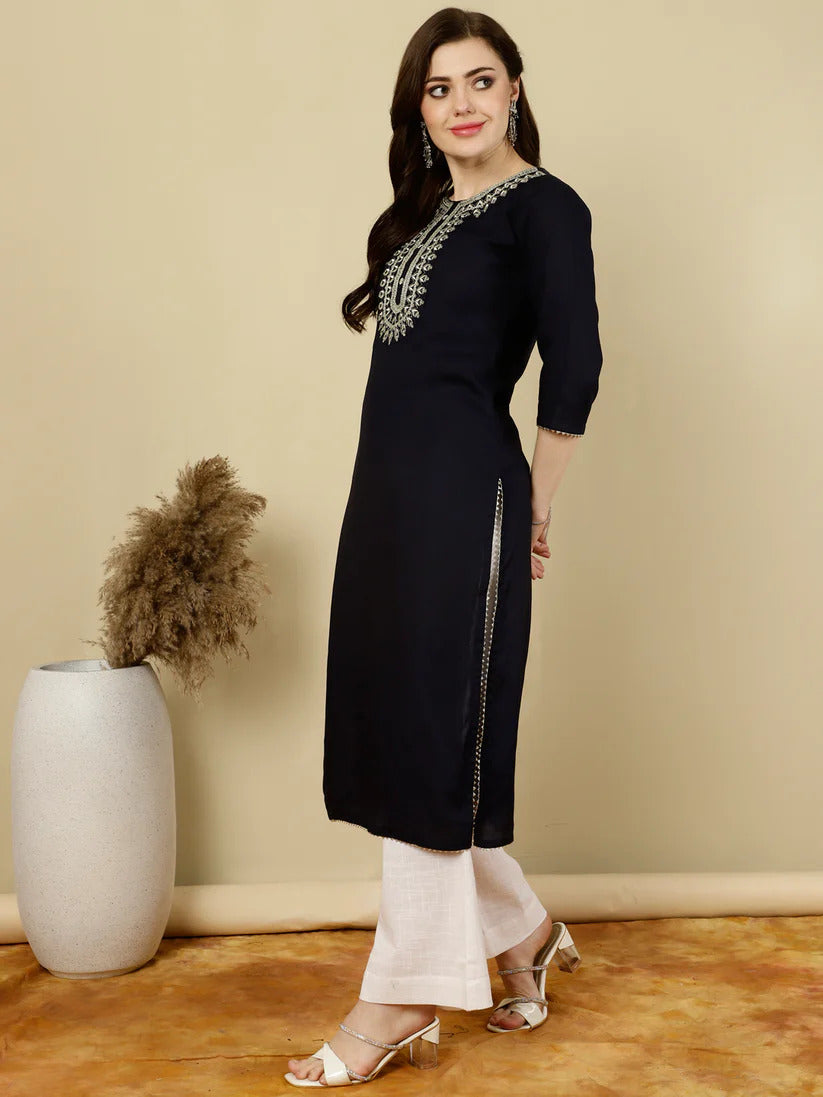 Navy Blue Rayon Kurti Top With Embroidery on Yoke (Top Only)
