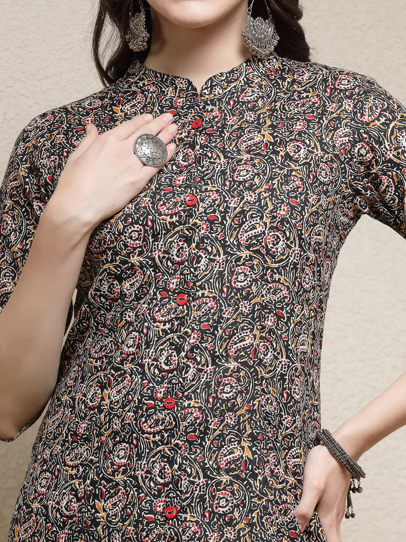Cotton Black printed A line Kurti Top (Top Only)