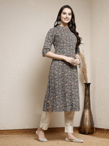 Cotton Black printed A line Kurti Top (Top Only)