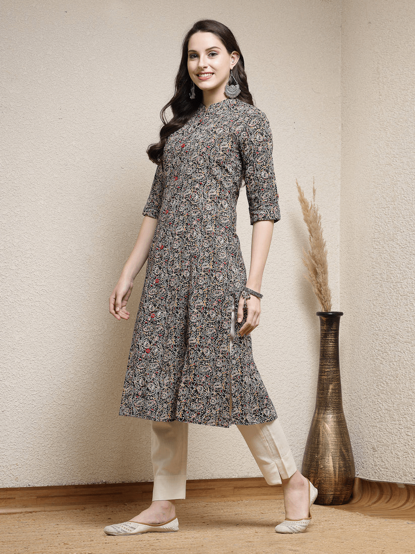 Cotton Black printed A line Kurti Top (Top Only)