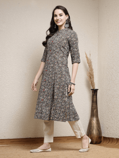 Cotton Black printed A line Kurti Top (Top Only)