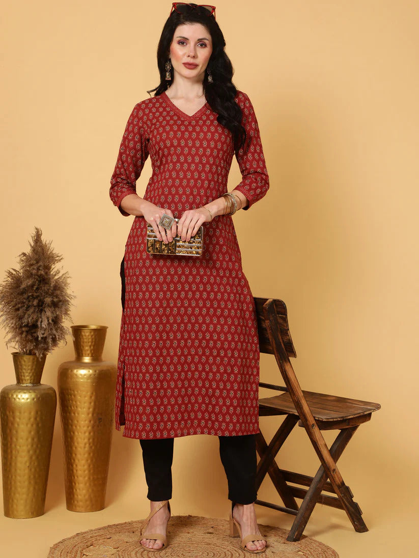 Maroon Printed Cotton Kurti Top (Top Only)