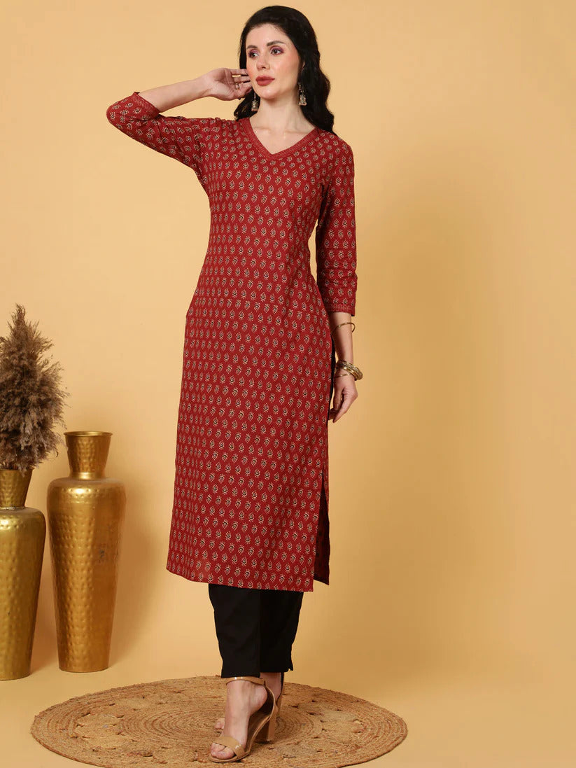 Maroon Printed Cotton Kurti Top (Top Only)