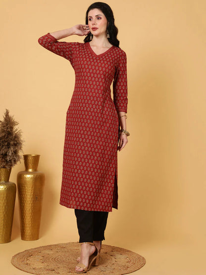 Maroon Printed Cotton Kurti Top (Top Only)