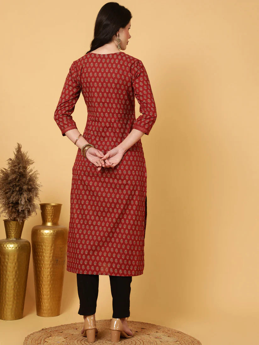 Maroon Printed Cotton Kurti Top (Top Only)