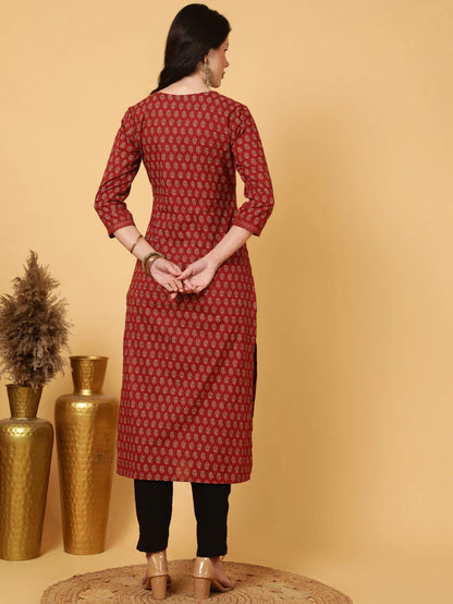 Maroon Printed Cotton Kurti Top (Top Only)