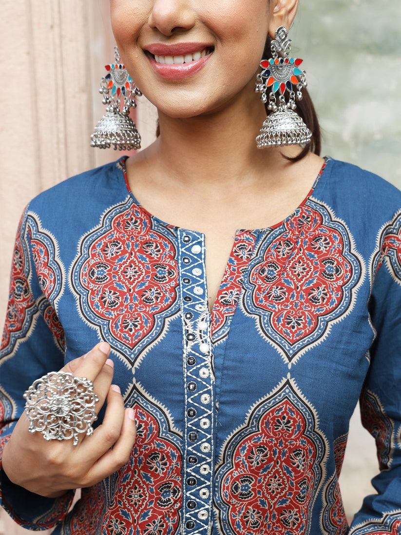 Denim Blue & Maroon printed Soft cotton kurti top with mirror datailing(Top Only)