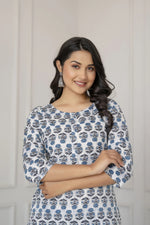 Load image into Gallery viewer, Off White  Blue Floral Printed Cotton Kurti Top(Top Only)
