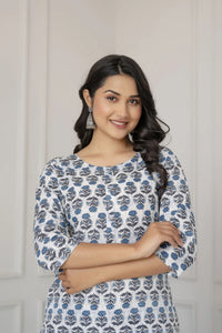 Off White  Blue Floral Printed Cotton Kurti Top(Top Only)
