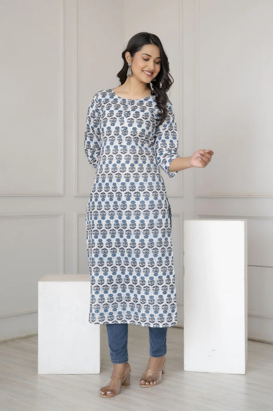 Off White  Blue Floral Printed Cotton Kurti Top(Top Only)