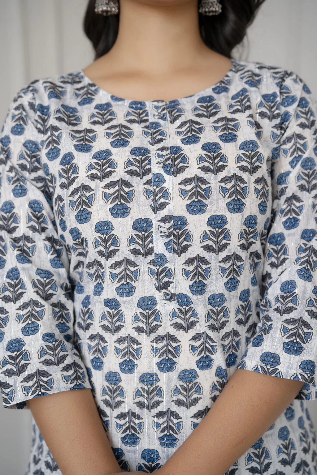 Off White  Blue Floral Printed Cotton Kurti Top(Top Only)