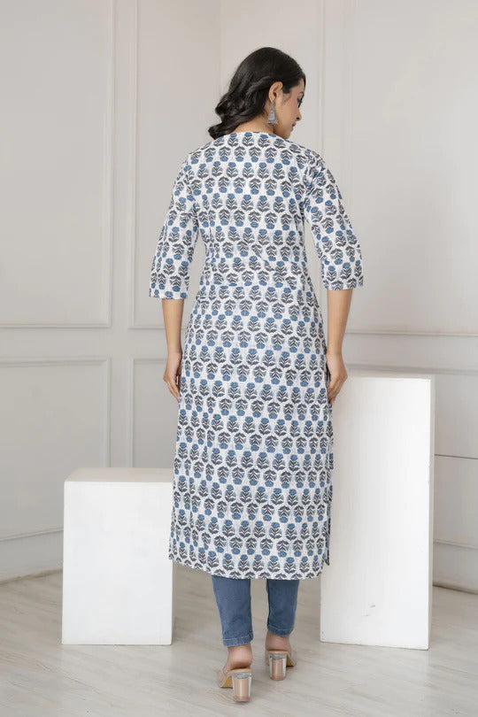 Off White  Blue Floral Printed Cotton Kurti Top(Top Only)