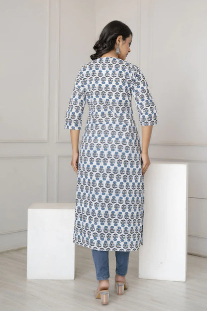 Off White  Blue Floral Printed Cotton Kurti Top(Top Only)