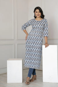 Off White  Blue Floral Printed Cotton Kurti Top(Top Only)