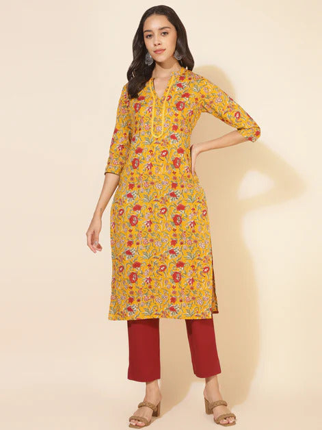 Cotton Mustard Yellow Maroon Floral printed Kurti Top (Top Only)