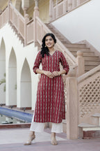 Maroon Indigo Printed Cotton Kurti Top(Top Only)